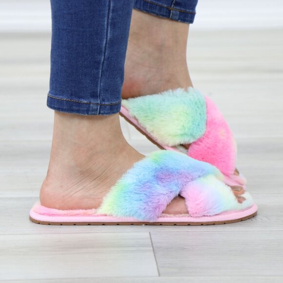 Cross Strap Tie Dye Multi Color Puff Fuzzy Furry Fluffy Slip On Plush Slippers - Picture 6 of 15
